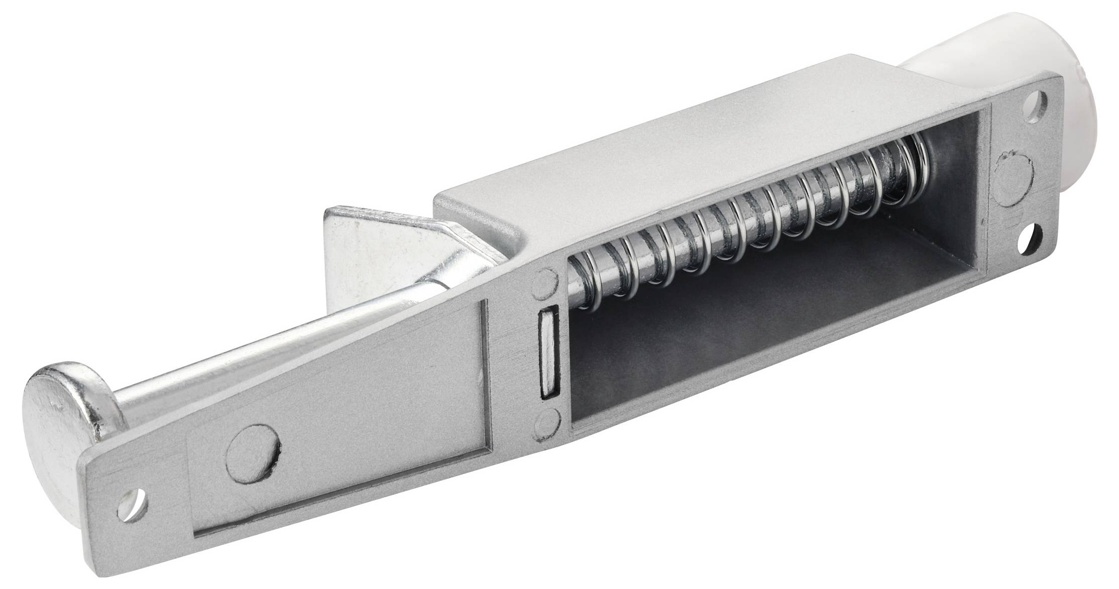 Une serrure de porte métallique avec mécanisme à ressort, conçue pour un verrouillage sécurisé. La construction robuste garantit une durabilité et un fonctionnement fiable.
