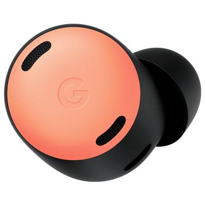 Écouteur sans fil orange et noir avec un logo 'G', présentant de petites ouvertures de grille et un design élégant et arrondi.
