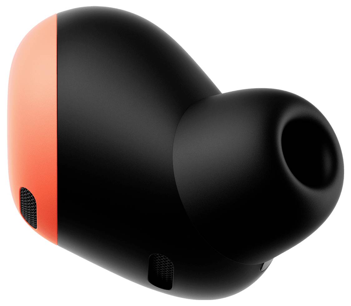 Un écouteur sans fil noir et orange au design épuré, présentant l'embout d'oreille et deux petites ouvertures de grille près de la base.