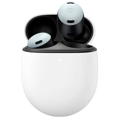 Écouteurs sans fil dans un étui de chargement blanc ouvert, présentant deux écouteurs noirs et bleus, mettant en valeur un design élégant et moderne.