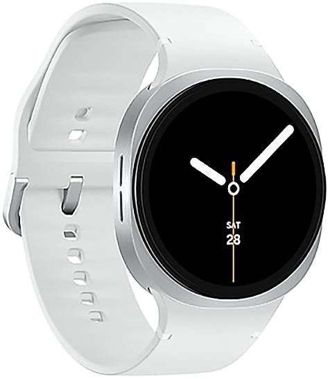 Une montre connectée élégante et ronde avec un bracelet blanc. L'écran sombre affiche un cadran minimaliste montrant l'heure et la date, avec un bouton sur le côté.