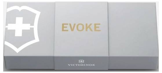 Boîte de produit Victorinox 'EVOKE' avec un logo de bouclier blanc à croix et le nom Victorinox sur le rabat avant.