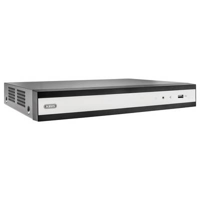 Un enregistreur vidéo réseau (NVR) noir et argenté avec des panneaux de ventilation sur le côté, un bouton d'alimentation et un port USB à l'avant.