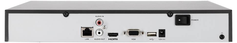 L'image montre le panneau arrière d'un appareil électronique présentant des ports pour LAN, HDMI, VGA, USB, sortie audio et interrupteur d'alimentation.