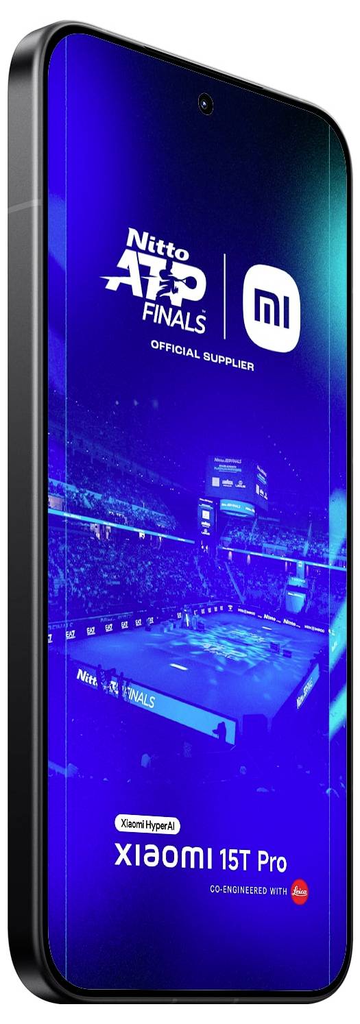 Téléphone 'Xiaomi 13T Pro' avec un écran d'arène sportive bleu, affichant 'Nitto ATP Finals' et 'Fournisseur officiel'.