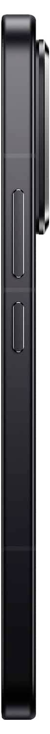 Vue latérale d'un smartphone présentant les boutons de mise en marche et de volume sur un design métallique noir élégant. Le module photo est visible en haut de l'appareil.