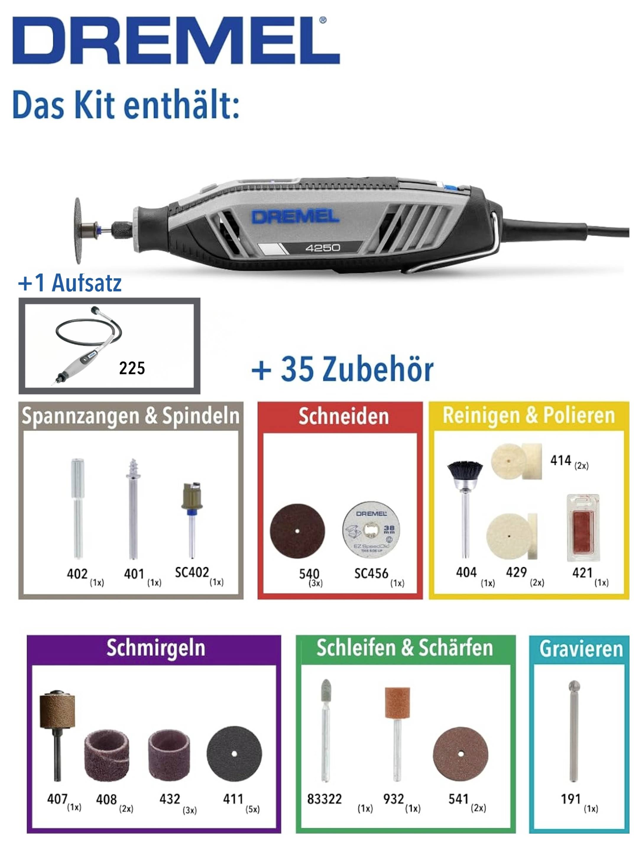 'Kit d'outil Dremel 4300 avec 1 accessoire et 35 accessoires pour couper, nettoyer, polir, poncer, meuler, affûter, graver.'