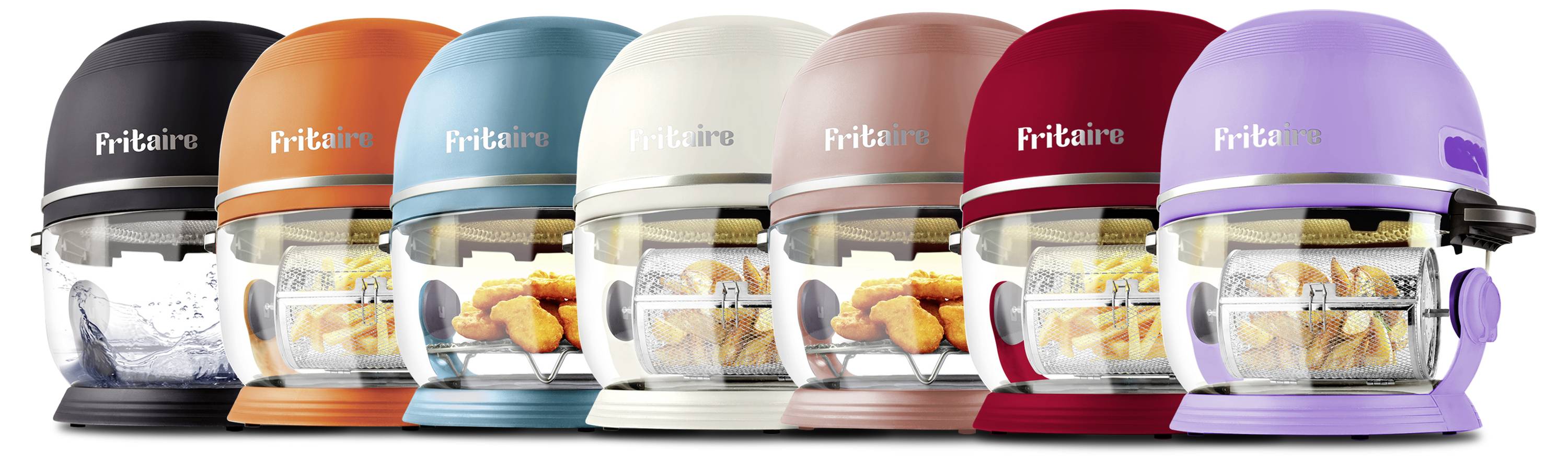 Une rangée de six friteuses à air chaud en noir, orange, bleu sarcelle, blanc, rouge et violet, chacune présentant un panier avec des aliments en train de cuire à l'intérieur.