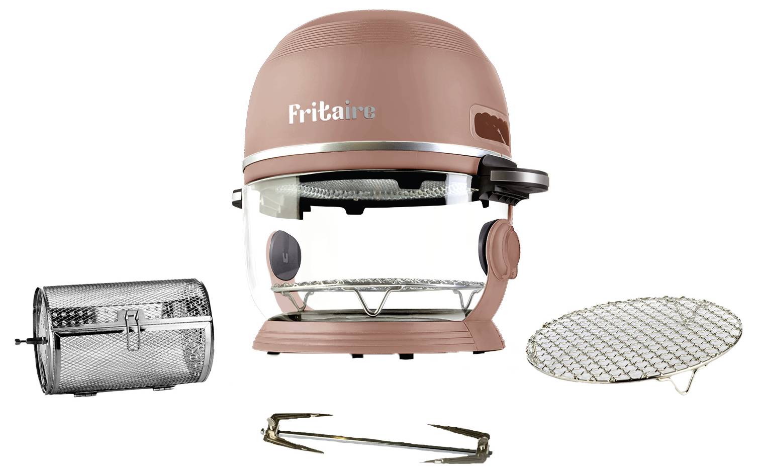 Un friteuse à air 'Fritaire' rose avec un corps transparent et un couvercle argenté, présentée avec son panier rotatif, sa grille à mailles et son outil de levage.