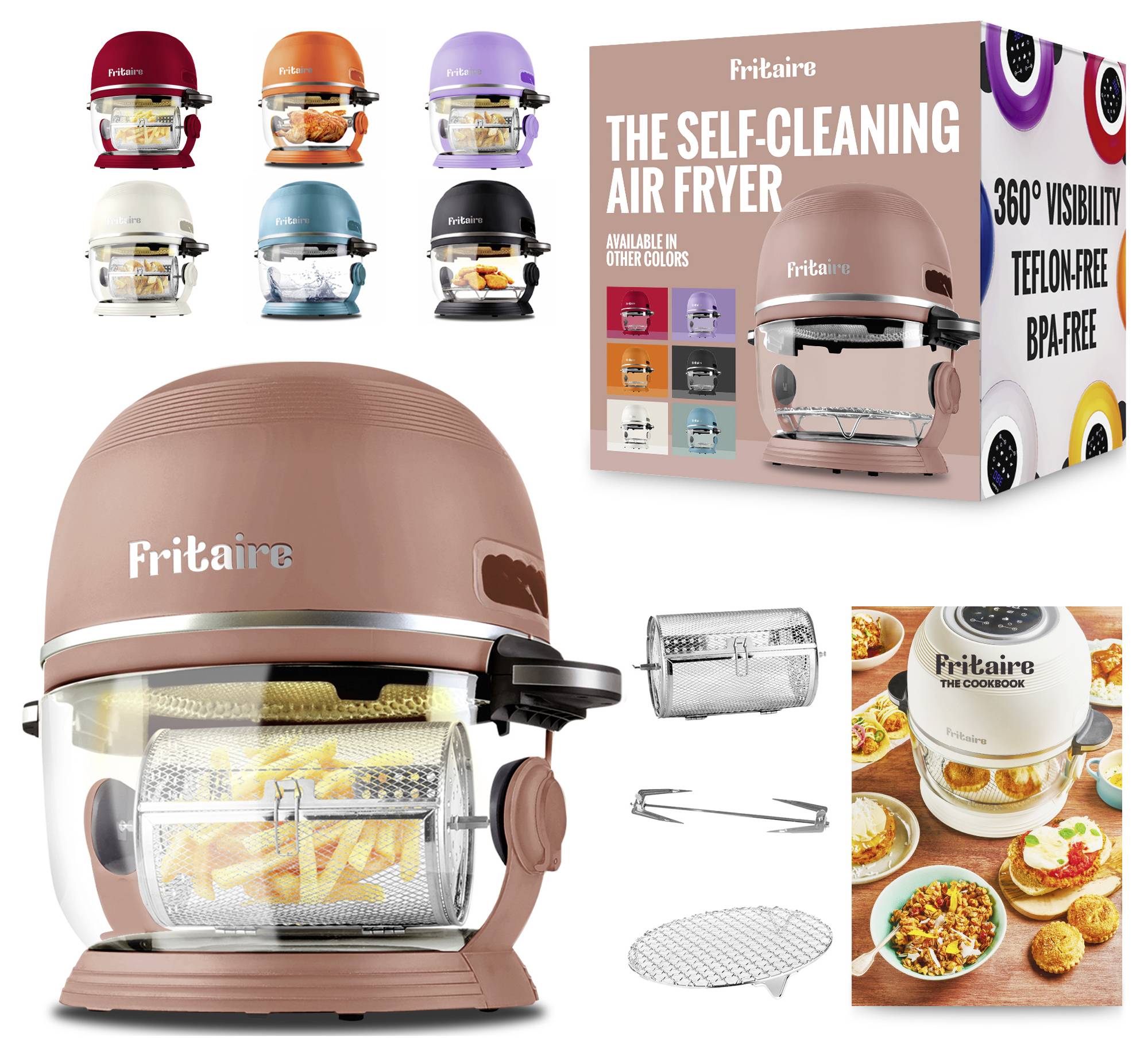 Friteuse à air auto-nettoyante de couleur brune avec des frites à l'intérieur. La boîte met en évidence les caractéristiques suivantes : visibilité à 360°, sans téflon, sans BPA. Disponible en plusieurs couleurs.