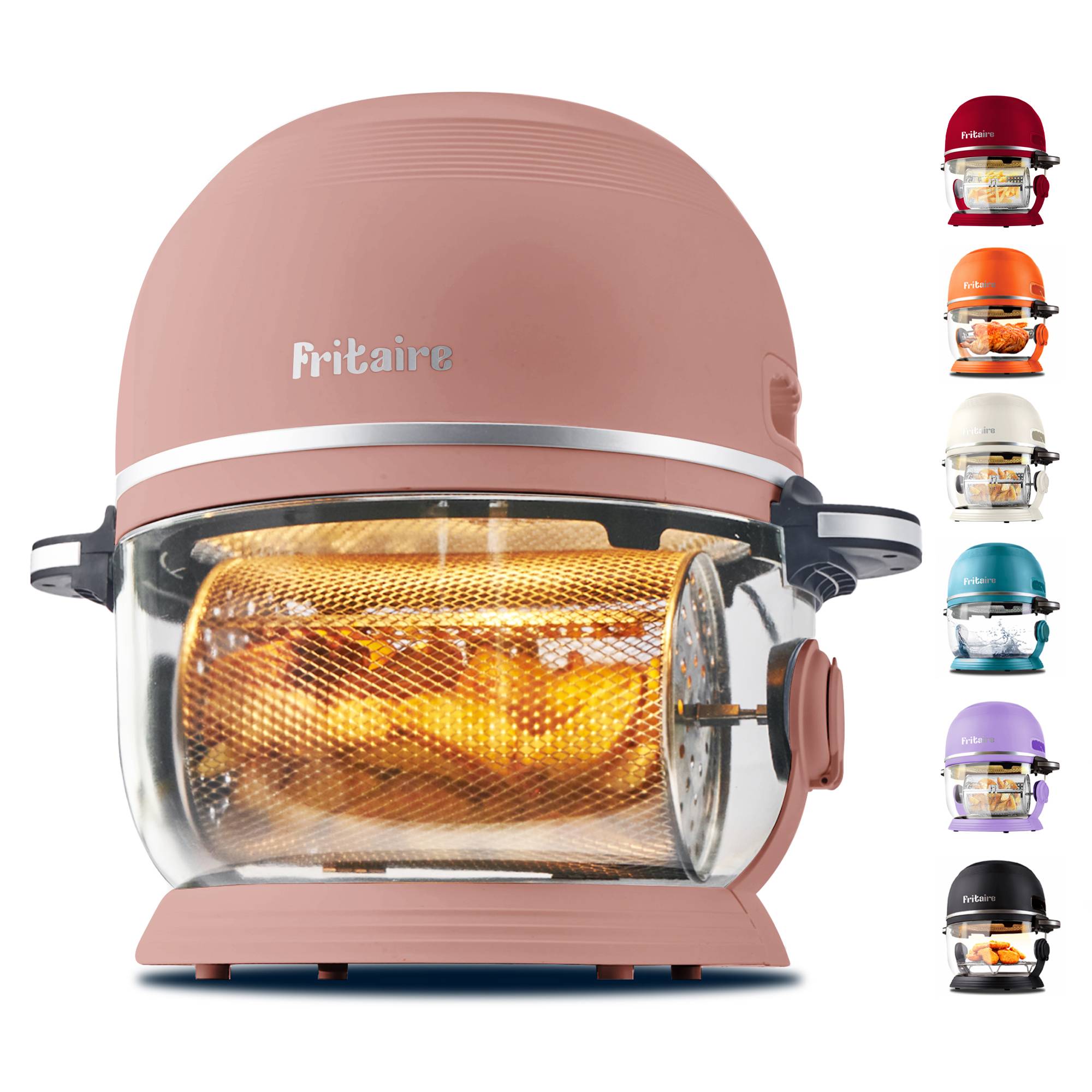 Un air fryer rose avec une section transparente montrant des aliments en cours de cuisson. Six petits appareils de couleurs différentes sont disposés sur la droite.