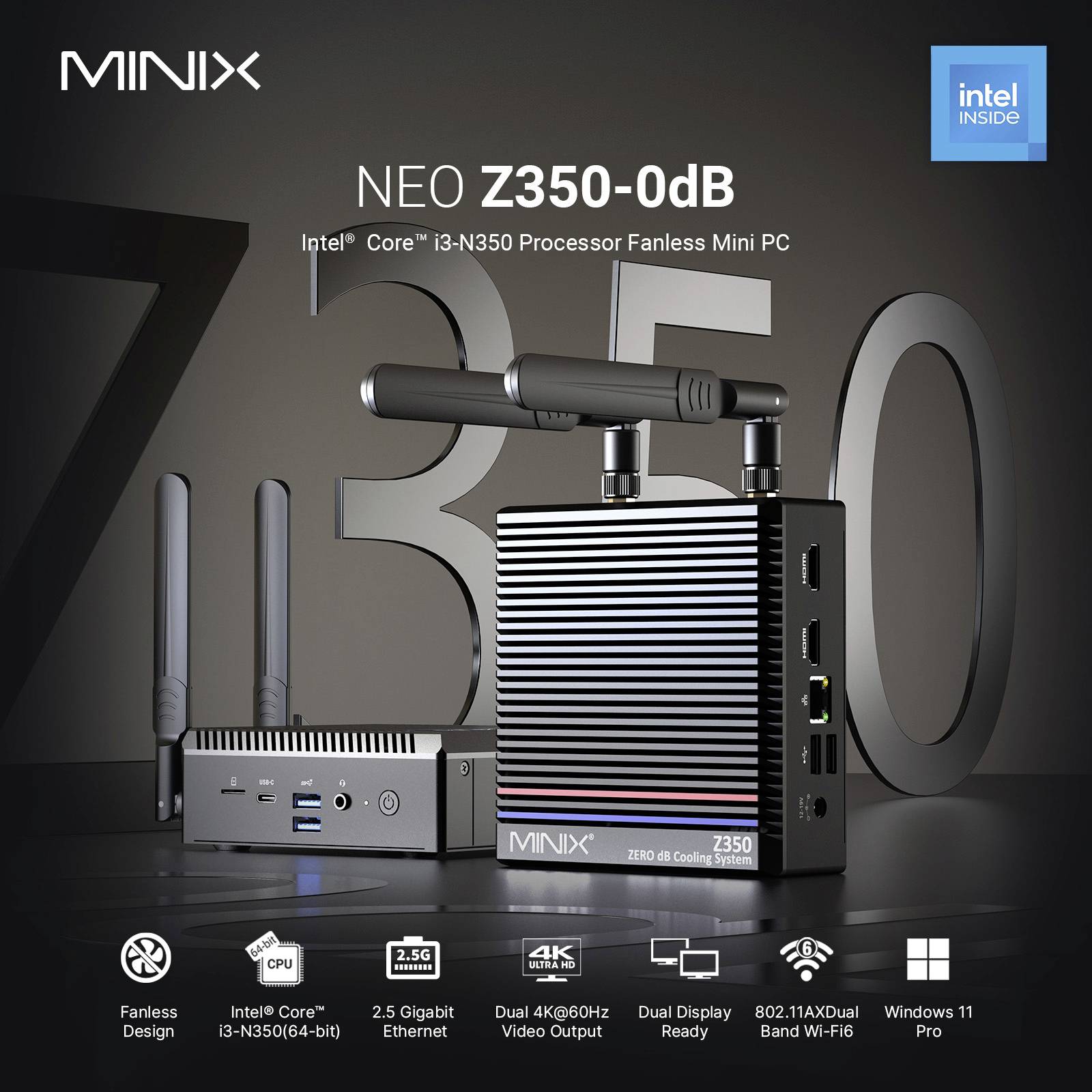 Mini PC nommé « NEO Z350-0dB » avec processeur Intel Core i3. Doté d'un design sans ventilateur, double sortie 4K, Wi-Fi 6, ethernet 2,5G et Windows 11 Pro.