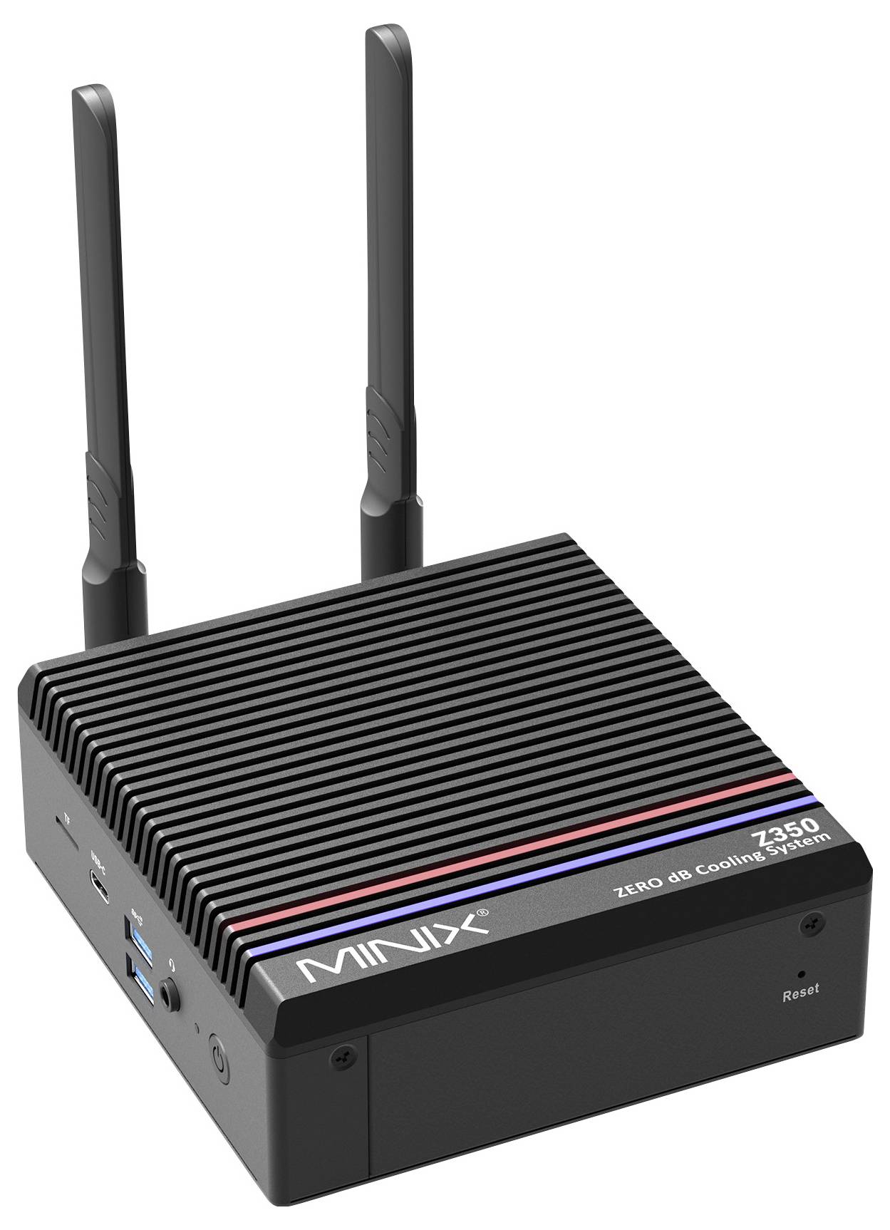 Un appareil électronique compact noir avec un dessus strié et deux antennes étiquetées « MINIX Z50 ». Doté de plusieurs ports et d'un bouton de réinitialisation.