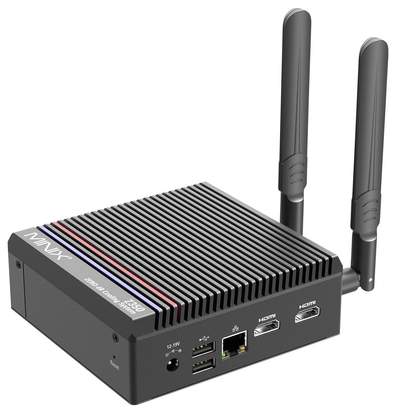 Un mini PC compact noir avec des antennes doubles, équipé de ports HDMI, de ports USB, d'un bouton d'alimentation et d'un logo sur le dessus.