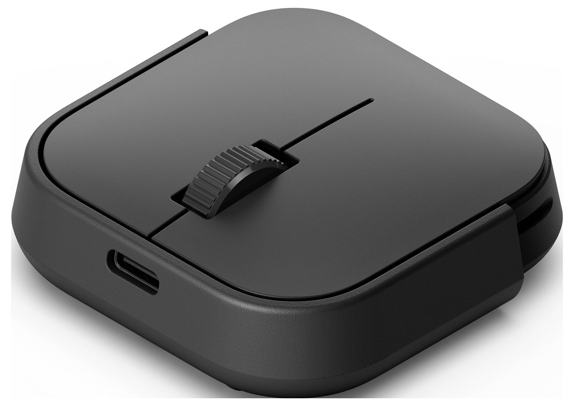 Une souris sans fil compacte et élégante, de couleur noire et de forme carrée, dotée d'une molette de défilement et d'un port de charge USB-C, conçue pour une utilisation portable et pratique.