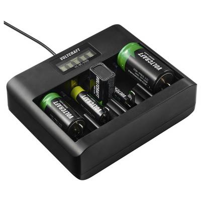 Chargeur de batterie « VOLTCRAFT » avec cinq batteries de différentes tailles en charge.