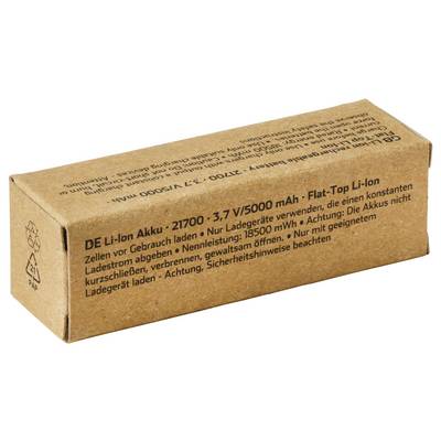 Boîte en carton pour un bloc de batterie Li-ion DE étiqueté 21700, 3,7V/5000 mAh, avec avertissements de manipulation et de sécurité en allemand.