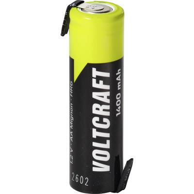 Une batterie rechargeable Voltraft 14.4V AA noire et vert citron avec bornes supérieures et inférieures exposées.