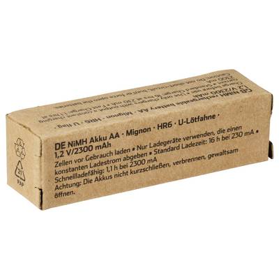 Boîte de carton brun pour bloc de batterie AA NiMH DE, étiqueté 1,2V/2300 mAh avec instructions de sécurité et de charge en allemand.