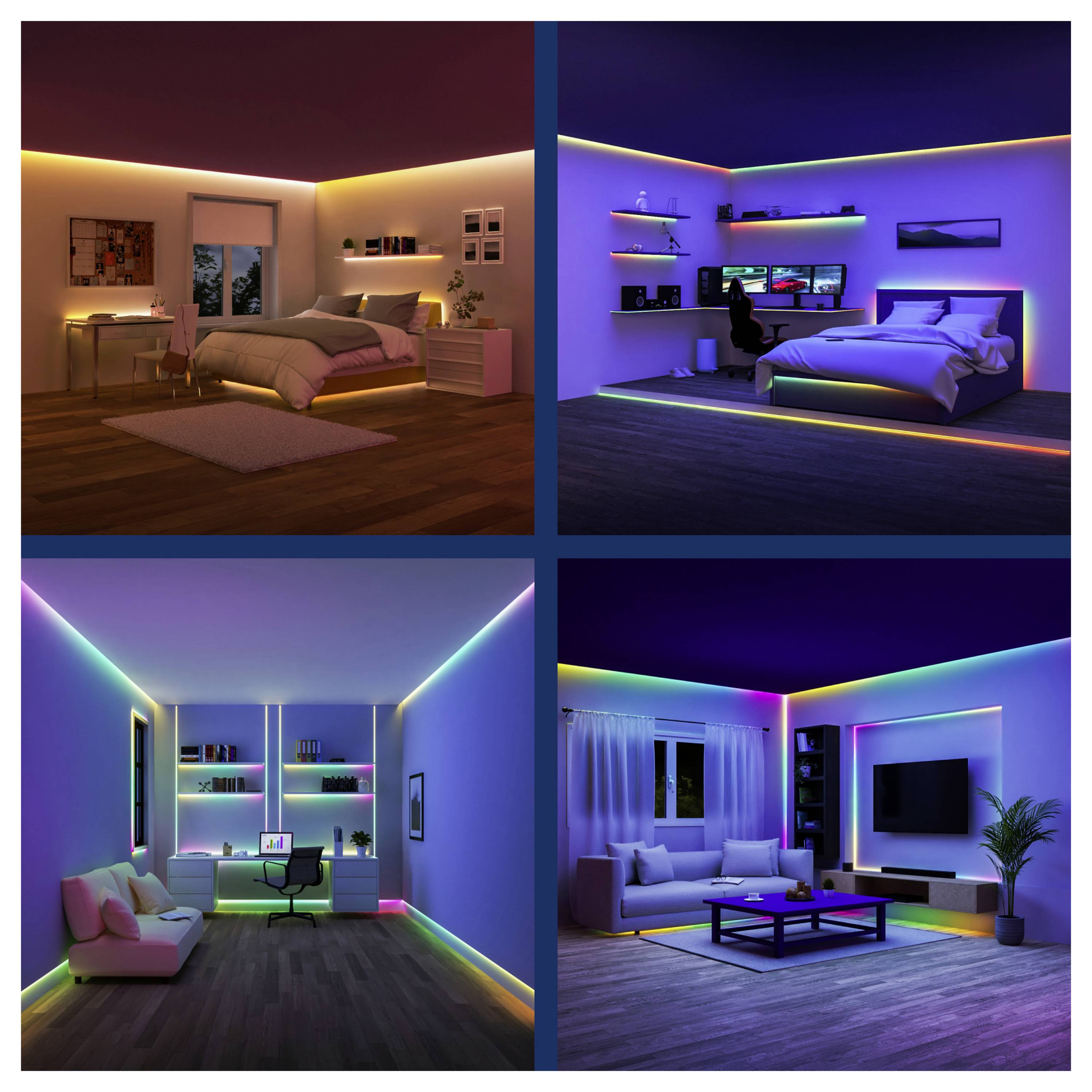 Quatre pièces avec des lumières LED colorées : une chambre à coucher, un espace de jeux, un salon avec une télévision et un salon minimaliste, chacun éclairé par des bandes LED.