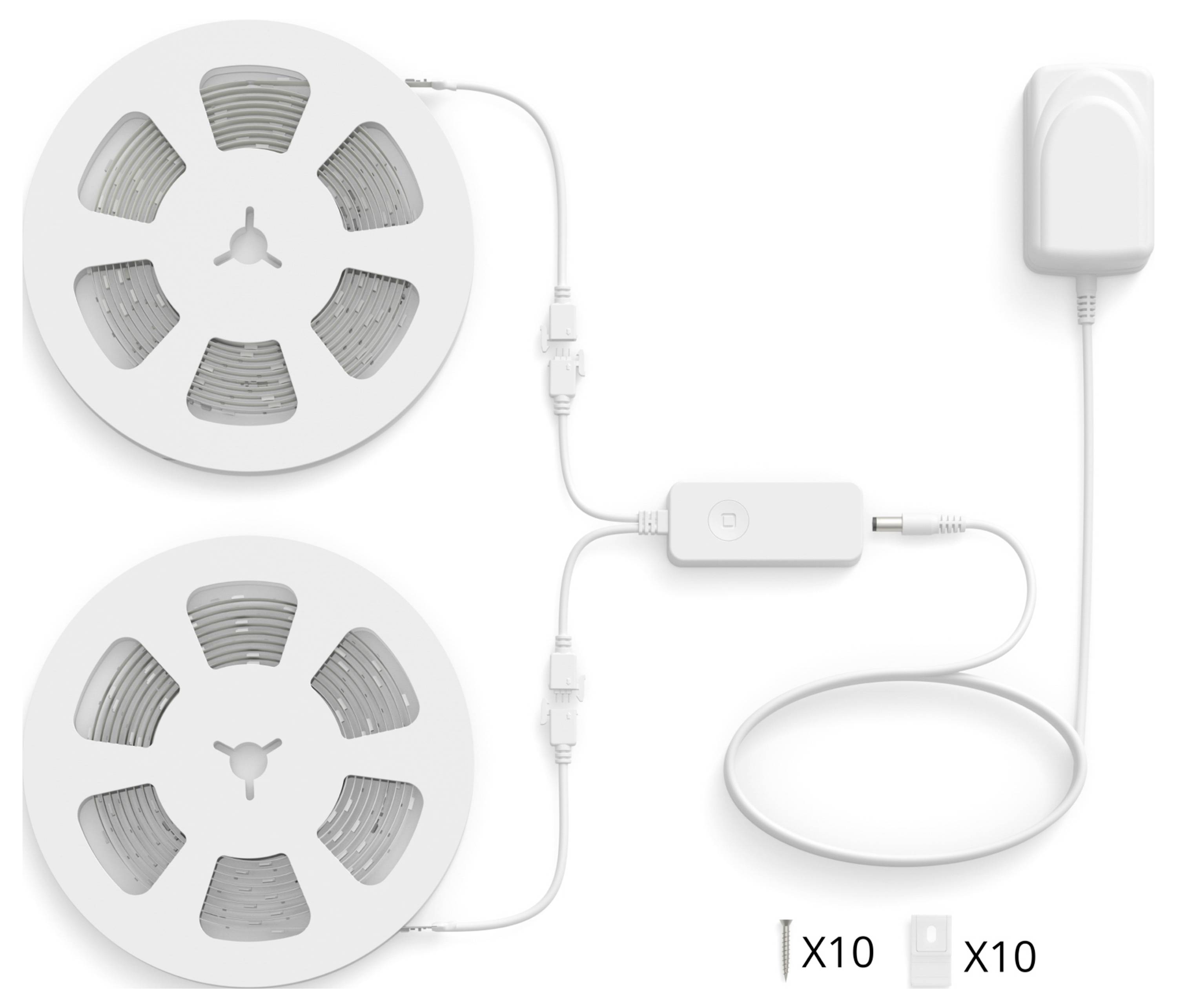 Deux bobines de bandes lumineuses LED connectées à un adaptateur secteur avec un contrôleur, comprenant des clips de montage 'X10' et des pads adhésifs 'X10'.