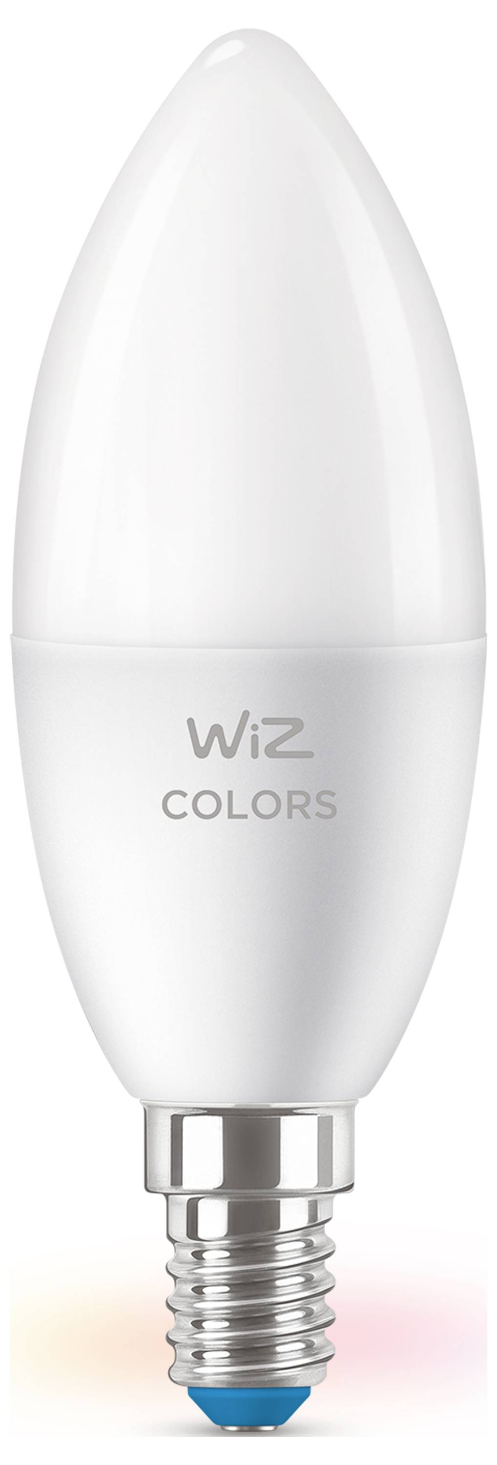 Ampoule LED intelligente, forme de bougie, étiquetée 'Wiz Colors' avec base multicolore lumineuse, compatible avec les systèmes domotiques.