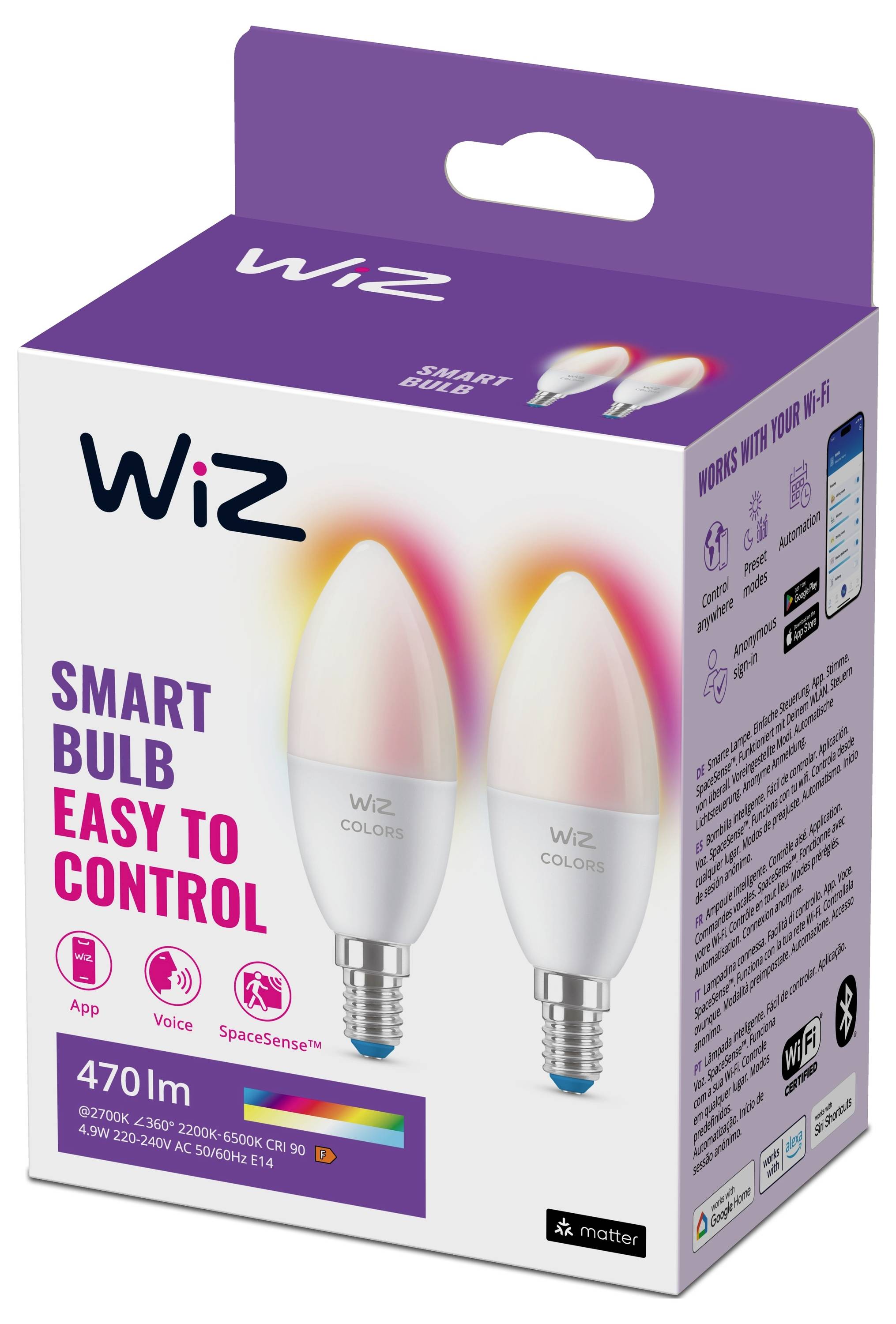 Ensemble d'ampoules intelligentes WiZ comprenant deux ampoules, étiquetées comme faciles à contrôler via application ou commande vocale, compatibles Wi-Fi, 470 lumens.
