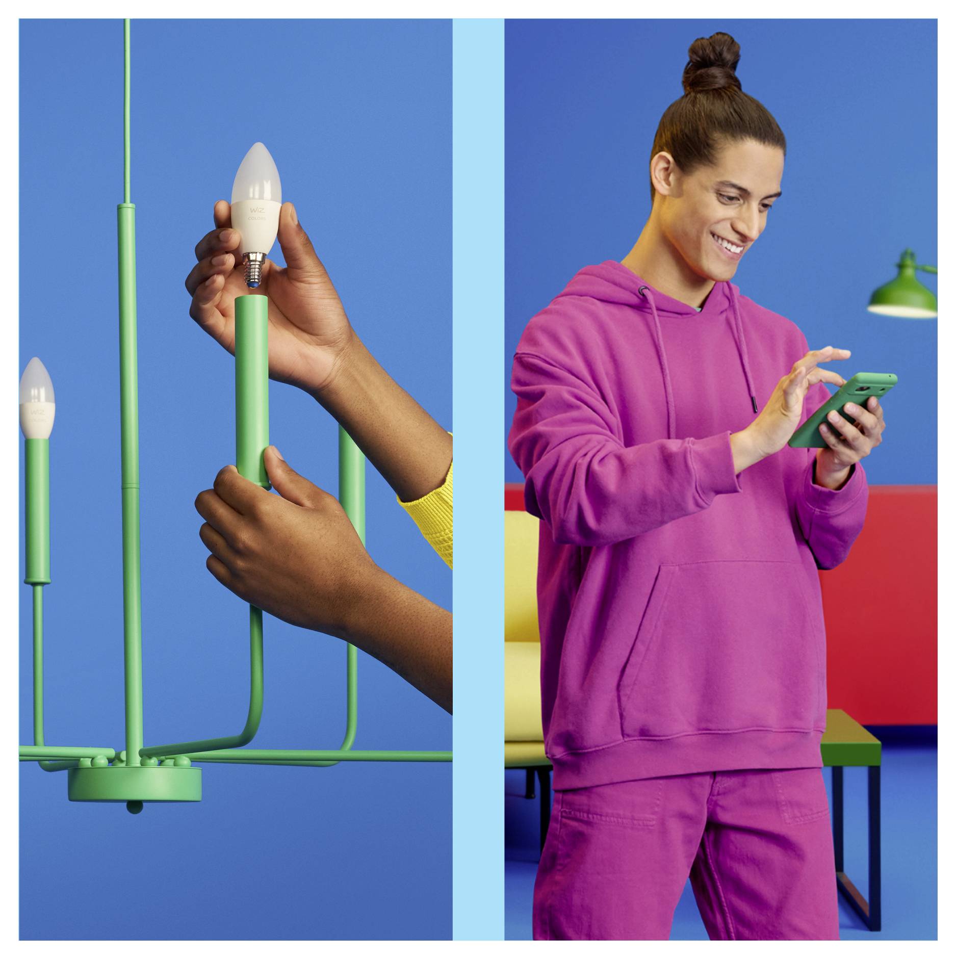 Une personne portant une tenue mauve interagit avec son téléphone. À côté, des mains changent des ampoules sur un dispositif vert sur un fond bleu.