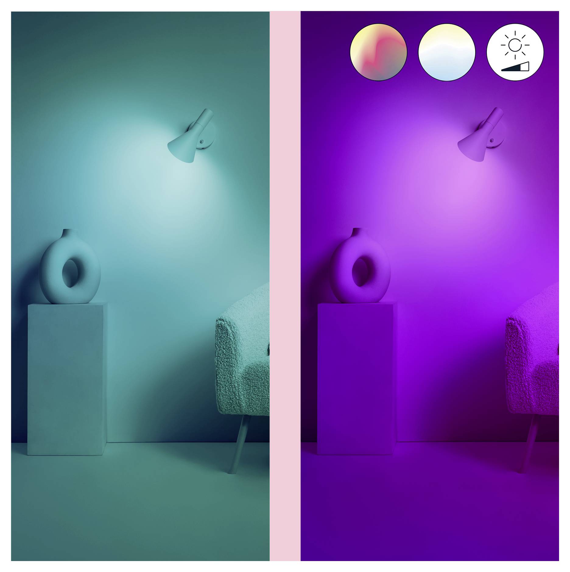 «Un salon avec différents scénarios d'éclairage : côté gauche dans une lumière cyan froide, côté droit dans une lumière magenta chaude. Trois icônes représentent les choix de couleurs au-dessus.»