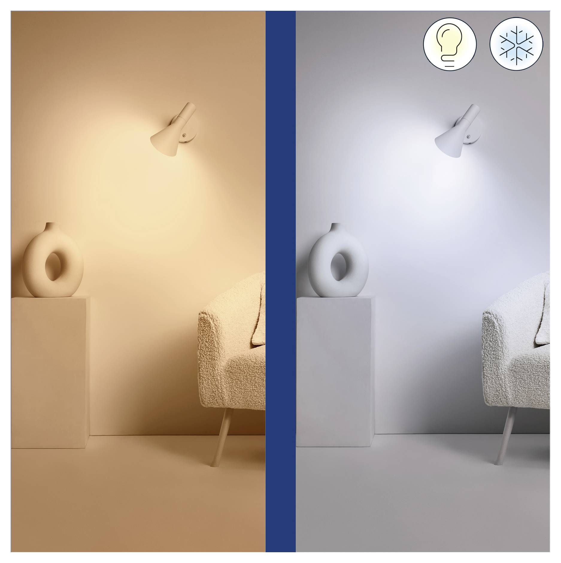 'Image de salon divisée en deux ; à gauche lumière chaude avec une teinte jaune, à droite lumière froide avec une teinte bleue. Présente un vase sur un piédestal et une partie de canapé.'