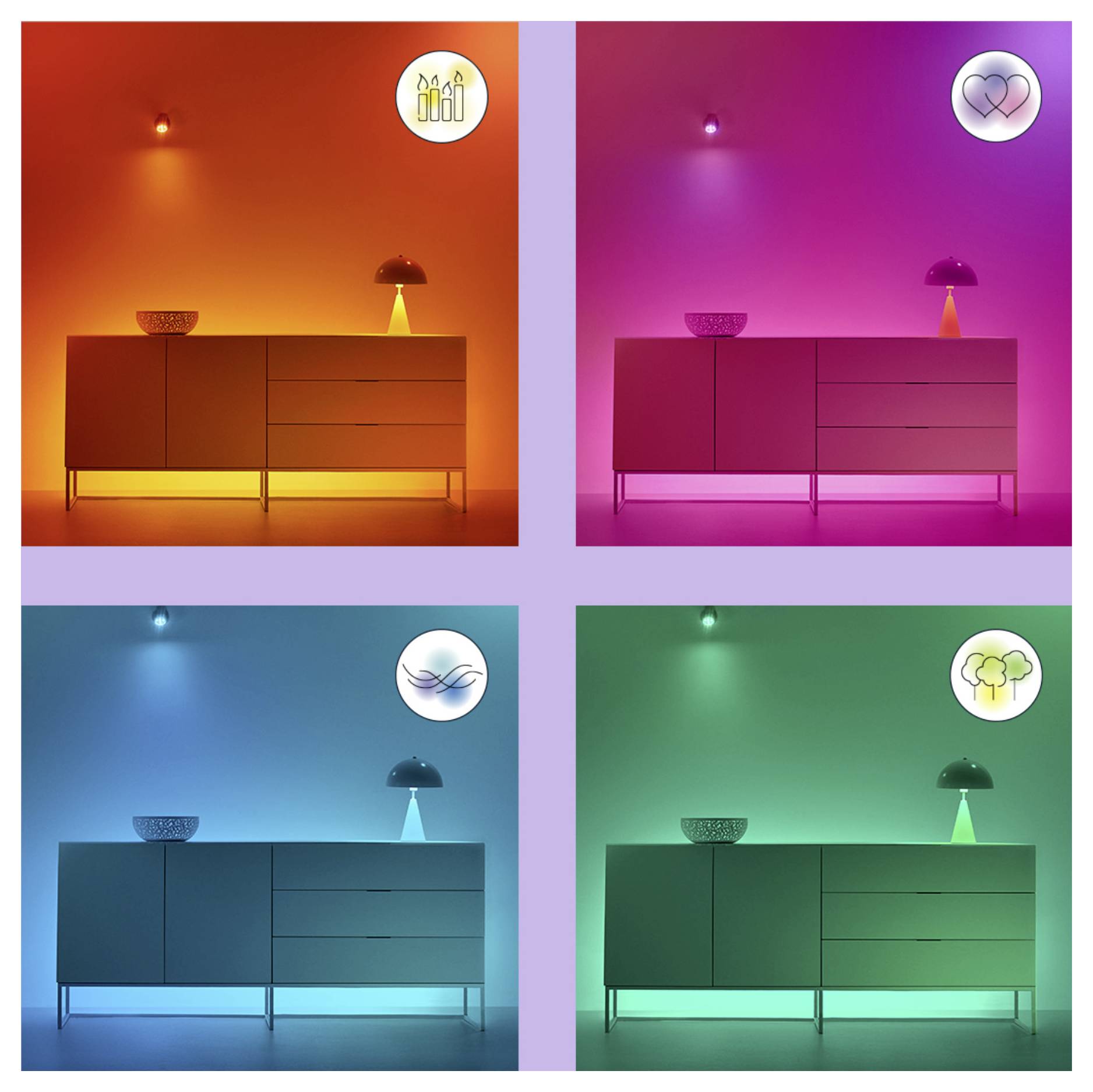 Image quatre-panneaux montrant une armoire avec une lampe dans différents éclairages : bougies orange, cœur rose, vagues bleues, arbres verts.