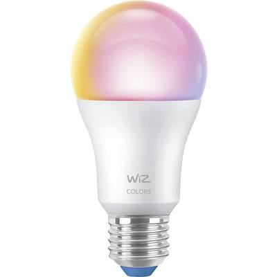 Une ampoule LED intelligente avec un sommet multicolore, étiquetée « WiZ COLORS », adaptée aux environnements d'éclairage personnalisables.