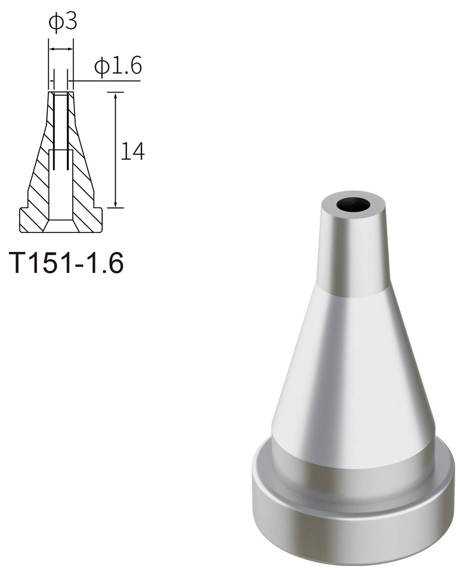 Un rendu 3D d'une buse métallique en forme de cône avec une pointe étroite. Dimensions : diamètre 3 mm, pointe 1,6 mm, hauteur 14 mm. Étiquetée « T151-1,6 ».