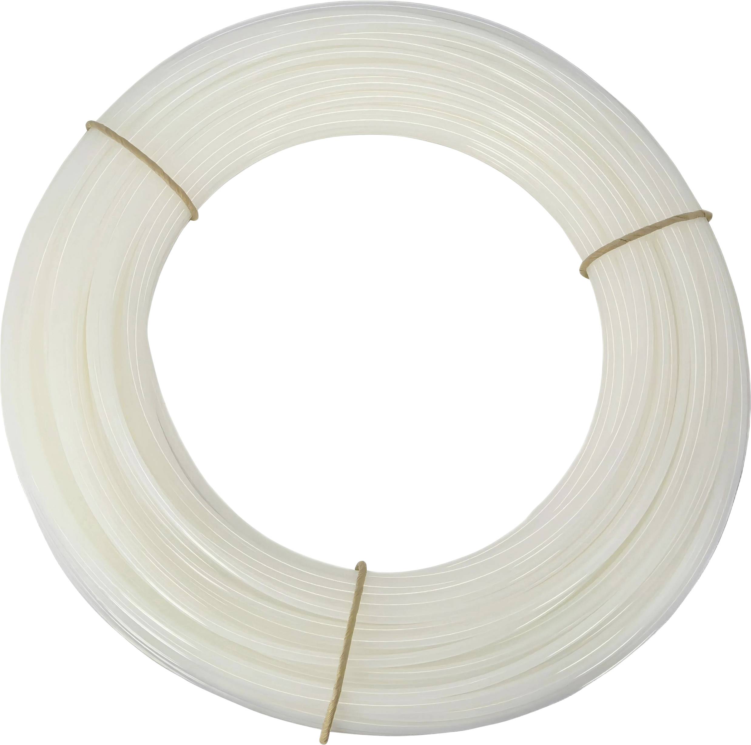 Un faisceau enroulé de tuyauterie en plastique transparent fixé avec deux bandes élastiques, présentant une apparence uniforme et soigneusement arrangé.