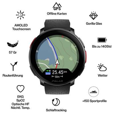 Une montre intelligente affichant une carte avec un guidage de navigation. Des icônes environnantes mettent en évidence les fonctionnalités : GPS, écran tactile AMOLED, fréquence cardiaque, suivi du sommeil et profils sportifs.