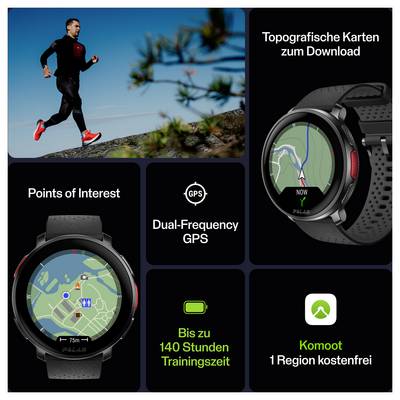 Homme faisant du jogging avec une montre connectée affichant un itinéraire GPS ; caractéristiques incluant un GPS multi-fréquence, des cartes topographiques, des points d'intérêt et une longue autonomie de batterie.