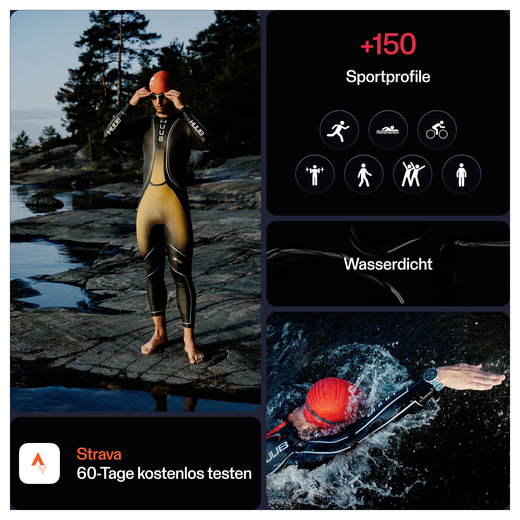 Une personne dans une combinaison de plongée ajuste ses lunettes de natation près de l'eau. L'interface affiche « +150 Profil sportif » et « Étanche ». « Essayer gratuitement Strava pendant 60 jours ».