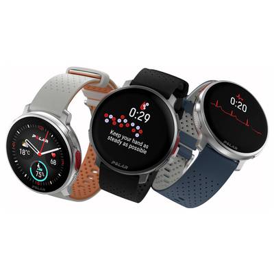 Trois montres connectées avec des bracelets colorés affichent des écrans liés à la santé : fréquence cardiaque à 68, activité de stabilité de la main et relevé ECG.