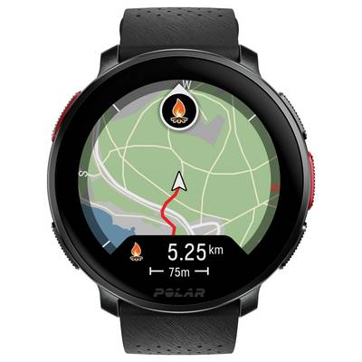 Une montre GPS ronde affichant une carte avec un tracé rouge. '5,25 km', '75 m' sont indiqués, guidant un itinéraire. Deux icônes de flammes signalent les destinations.