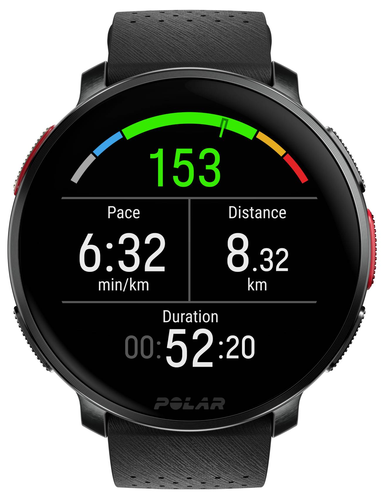 Montre connectée affichant un rythme cardiaque de 153 bpm, un rythme de 6:32 min/km, une distance de 8,32 km et une durée de 52:20 minutes.