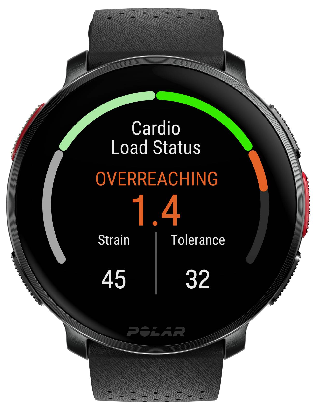Un écran de montre connectée affichant le 'Statut de Charge Cardiaque', avec 'Surmenage 1,4' en orange. La Charge est de 45, et la Tolérance de 32.