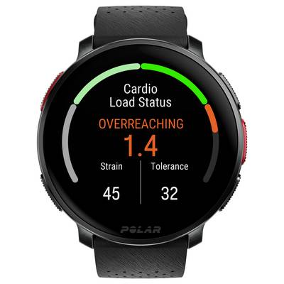Un écran de montre connectée affichant le 'Statut de Charge Cardiaque', avec 'Surmenage 1,4' en orange. La Charge est de 45, et la Tolérance de 32.
