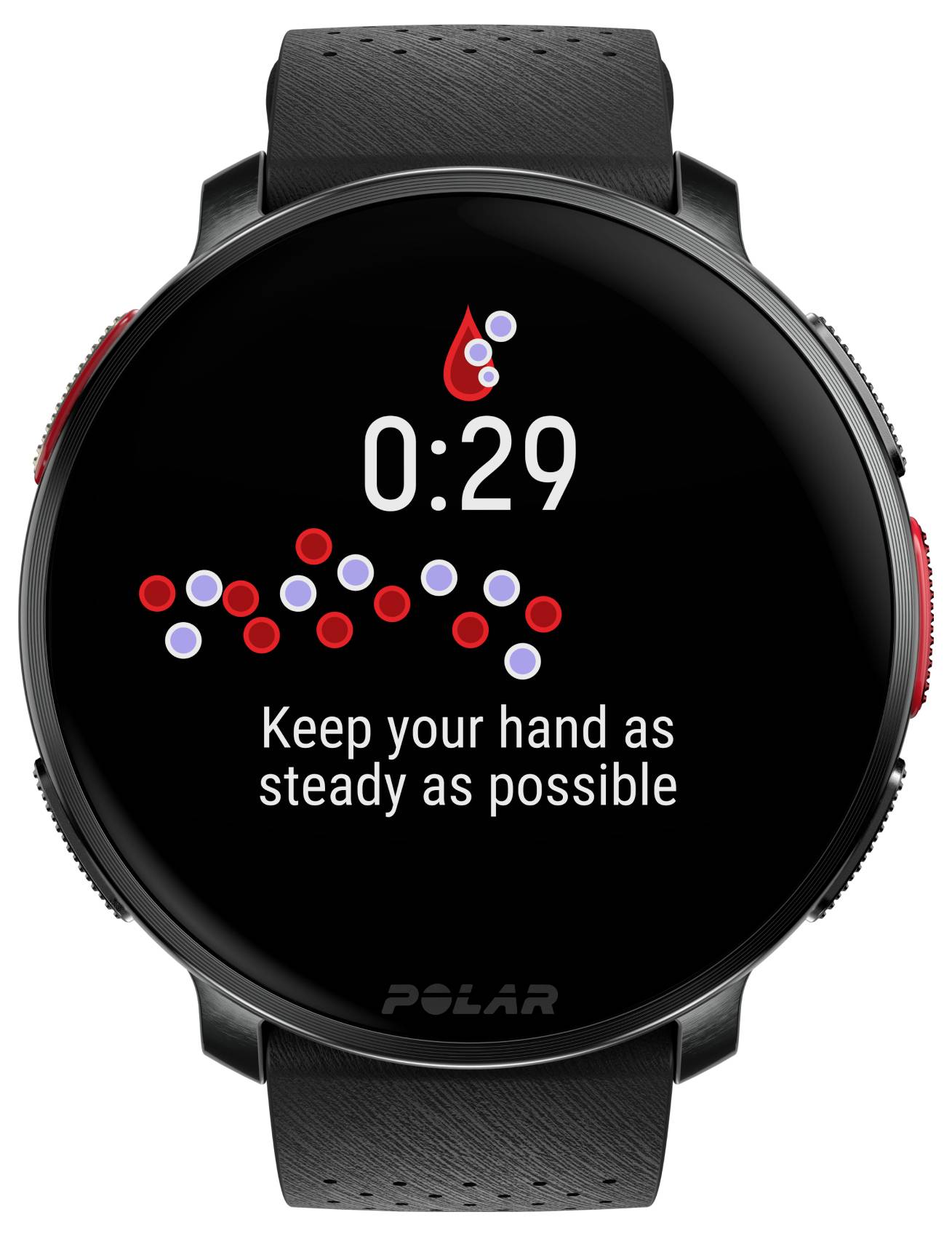 Écran de montre connectée affichant un chronomètre à '0:29' avec le texte 'Gardez votre main aussi stable que possible' sur un graphique de points rouges et blancs.