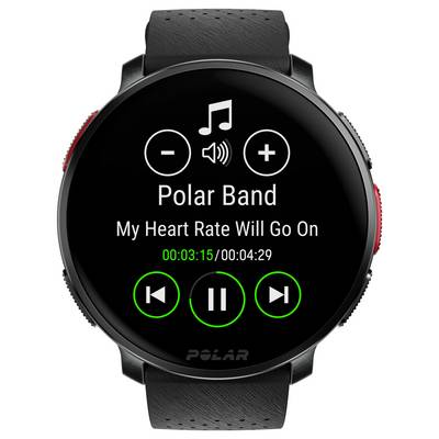 Écran de montre connectée affichant les commandes de musique pour 'Mon Rythme Cardiaque Continuera' par Polar Band, avec les boutons de lecture, pause et volume.