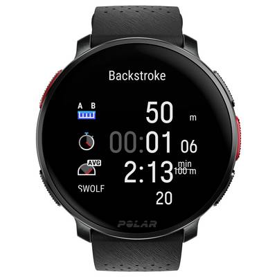 Montre intelligente 'Polar' affichant les métriques de natation pour le dos crawlé : 50 mètres de distance, durée de 1 minute et 6 secondes, SWOLF moyen de 20.