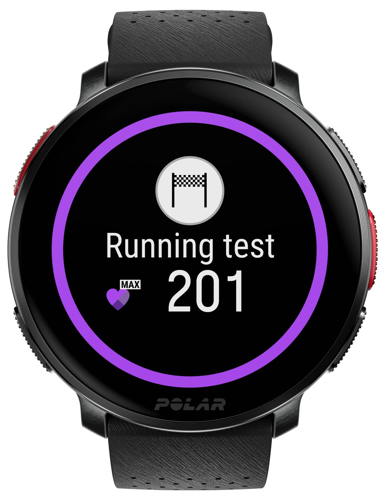 Montre connectée affichant 'Test en cours' avec un score de '201' et une icône de drapeau à damier, indiquant un test de fitness terminé.