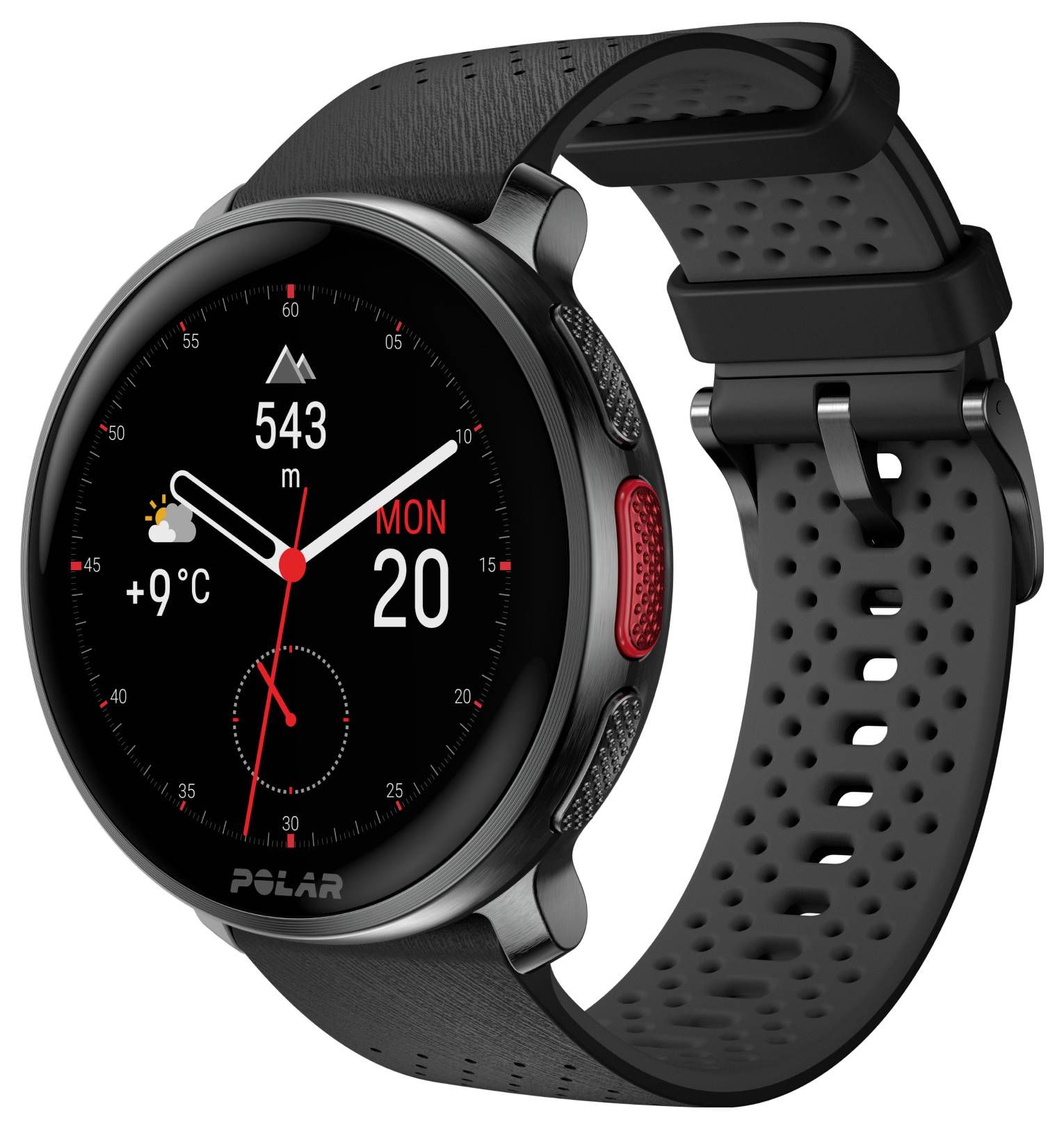 Une montre intelligente de sport noire affichant l'heure, la date, l'altitude et la température. Caractéristiques incluant un widget météo et un bouton latéral rouge.