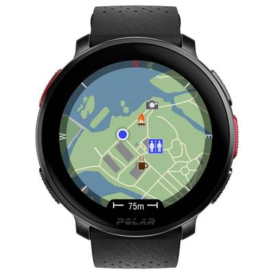 Une montre connectée affichant une carte numérique avec un point bleu de localisation, des icônes de café, de toilettes et de feu de camp, avec la distance « 75 m » en dessous.