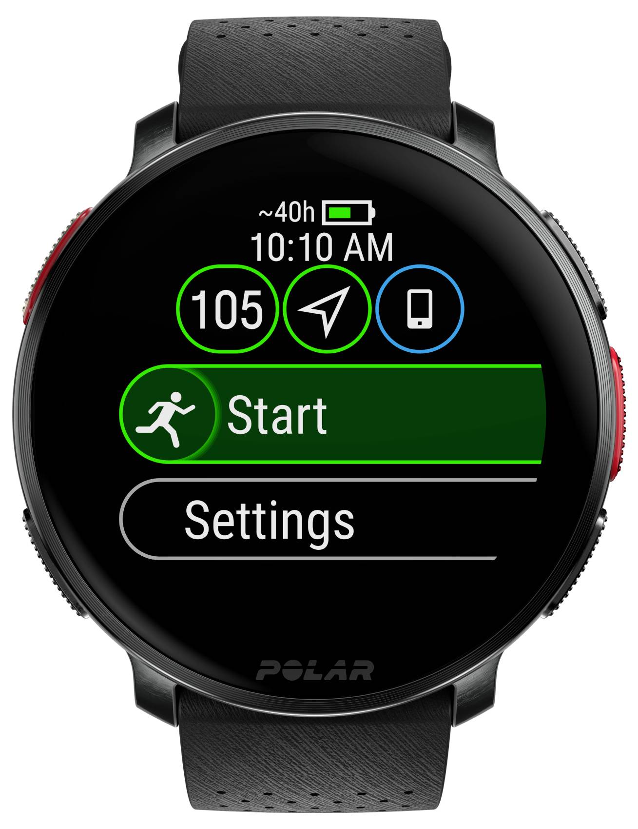 Un écran de montre connectée affichant l'autonomie de batterie ('~40h'), l'heure ('10:10'), le rythme cardiaque ('105'), le GPS, et les icônes de 'Démarrer' et 'Paramètres'.
