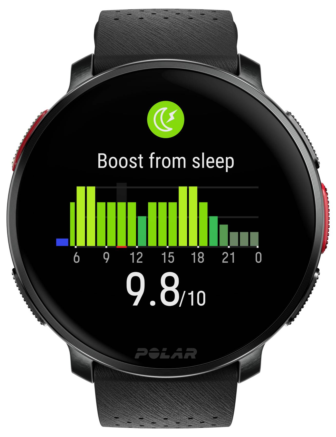 Écran de montre connectée affichant des données de sommeil avec un titre « Boost du sommeil », un graphique à barres des phases de sommeil durant la nuit, et un score de 9,8/10.